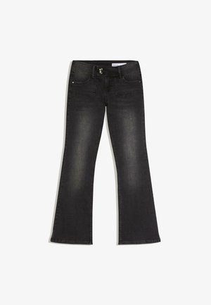 Črne izprane kavbojke iz jeansa z razširjenimi hlačnicami, sprednjimi žepi, zapiranjem na dvojni gumb in zankami za pas.