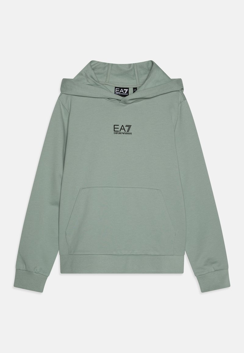 Hooded sweatshirt v svetlo zeleni barvi, narejen iz mehkega blaga z kenguru žepom. Ima črni EA7 logotip na prsih in rebraste manšete.