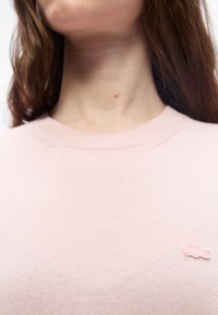 Γυναίκα που φοράει ανοιχτό ροζ πλεκτό πουλόβερ με ένα μικρό κεντητό λογότυπο κροκοδείλου στο στήθος, με μακριά καστανά μαλλιά, ουδέτερο φόντο.