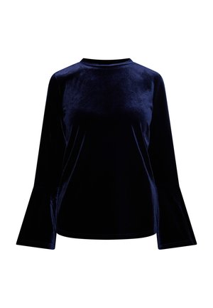 Top in velluto blu navy con collo alto e maniche a campana lunghe. Texture morbida con una finitura liscia e lucida.