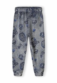 Gray sweatpants with an elastic waistband feature blue space-themed patterns, including stars and planets, on a textured fabric.