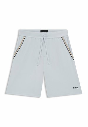 Shorts bleu clair en tissu doux, avec une bande latérale noire et dorée, taille élastique avec cordon de serrage, et petit logo.