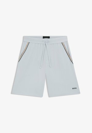 Hellblaue Shorts aus weichem Stoff, mit einem schwarzen und goldenen Seitenstreifen, elastischem Bund mit Kordelzug und kleinem Logodetail.