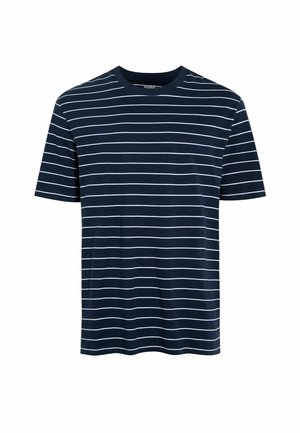 Navy blue short-sleeve T-shirt with white horizontal stripes. Casual design with a round neckline. Soft, lightweight fabric.