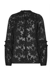 Zwarte doorschijnende blouse versierd met bloemembroidery, met een knoopsluiting aan de voorkant, lange mouwen en een geplooide halslijn voor extra textuur.