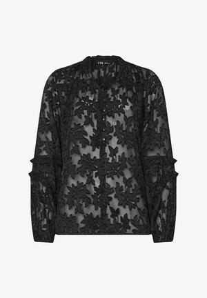 Zwarte doorschijnende blouse versierd met bloemembroidery, met een knoopsluiting aan de voorkant, lange mouwen en een geplooide halslijn voor extra textuur.