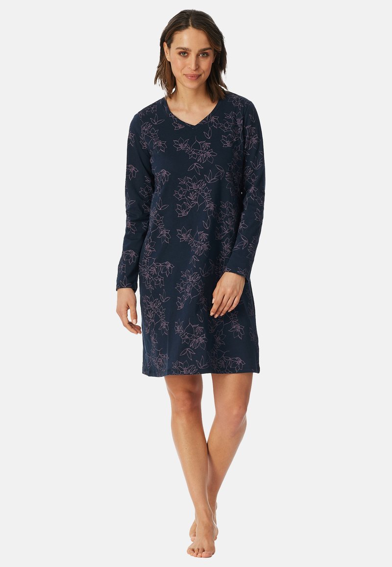 Abito lungo a maniche lunghe di colore blu navy con un motivo floreale in rosa chiaro, scollatura a V e una vestibilità comoda, realizzato in tessuto morbido e traspirante.