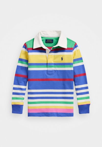 Långärmad polo-shirt med vit krage, blå bas och flerfärgade horisontella ränder i grön, gul, röd och rosa.