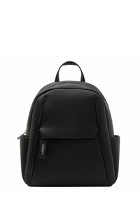 Black leather backpack with a textured surface, featuring a front pocket, top handle, and side pockets for additional storage.