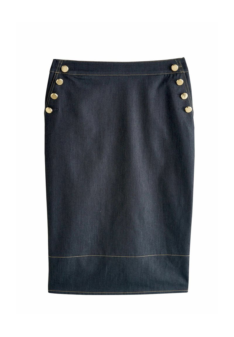 Ciemna spódnica ołówkowa z dżinsu z pięcioma złotymi guzikami po lewej stronie oraz kontrastującym żółtym przeszyciem wzdłuż brzegu i szwów.