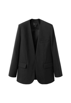 Blazer nero con un design strutturato senza collo, due tasche frontali e una texture di tessuto liscia. Apertura frontale, vestibilità rilassata.