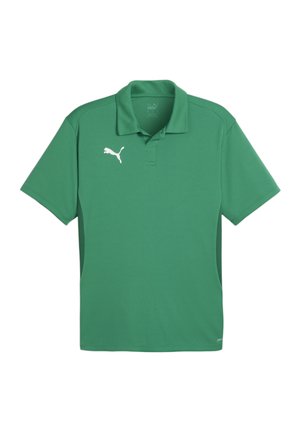 Groene polo shirt gemaakt van een lichtgewicht stof. Bevat een flatte kraag, korte mouwen en een wit Puma-logo op de linkerborst.