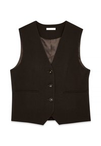 Rjav prilagojen brezrokavnik z V-izrezom, sprednjo z dvema vrstama gumbov, dvema žepoma in satinasto podlogo. Ima strukturirano prileganje in gladko teksturo.