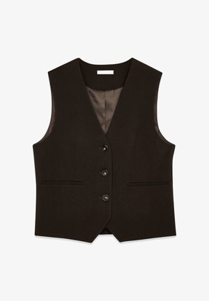 Chaleco marrón a medida con escote en V, frente de seis botones, dos bolsillos y forro de satén. Presenta un ajuste estructurado y una textura suave.