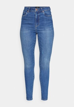Hoge taille skinny jeans in middelblauwe denim. Heeft vijf zakken, een knoopsluiting en subtiele wassing voor extra textuur.