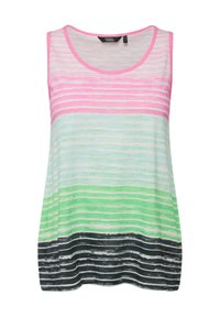 Top senza maniche in tessuto leggero con strisce orizzontali rosa, bianche, verdi e nere, dotato di scollatura rotonda e vestibilità comoda.