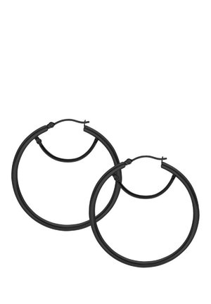 Black hoop earrings with a smooth, rounded design. They feature a flexible closure and are made of a lightweight material.