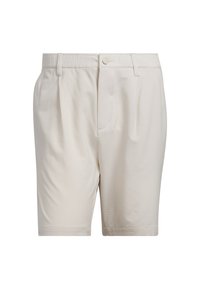 Shorts beige avec un motif texturé, fermeture à bouton et poches latérales. Conçus pour une utilisation décontractée, avec une coupe droite et une longueur au milieu de la cuisse.