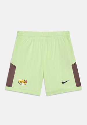Lichtgroene sportieve shorts met een elastische tailleband, bruine mesh-zijkanten en Nike-logo's op de linker- en rechterzoom.