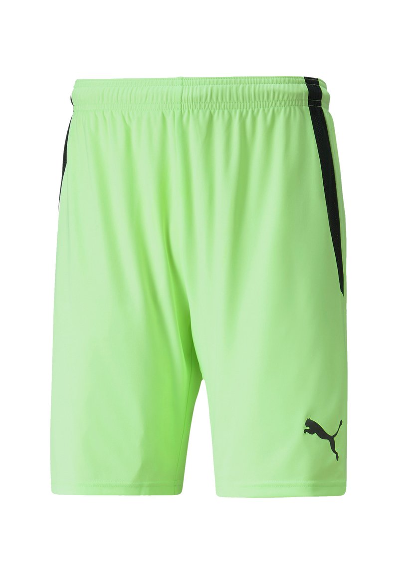 Helle grüne Sportshorts aus leichtem Material, mit einem schwarzen Seitenstreifen und einem schwarzen Logo auf der unteren linken Seite.