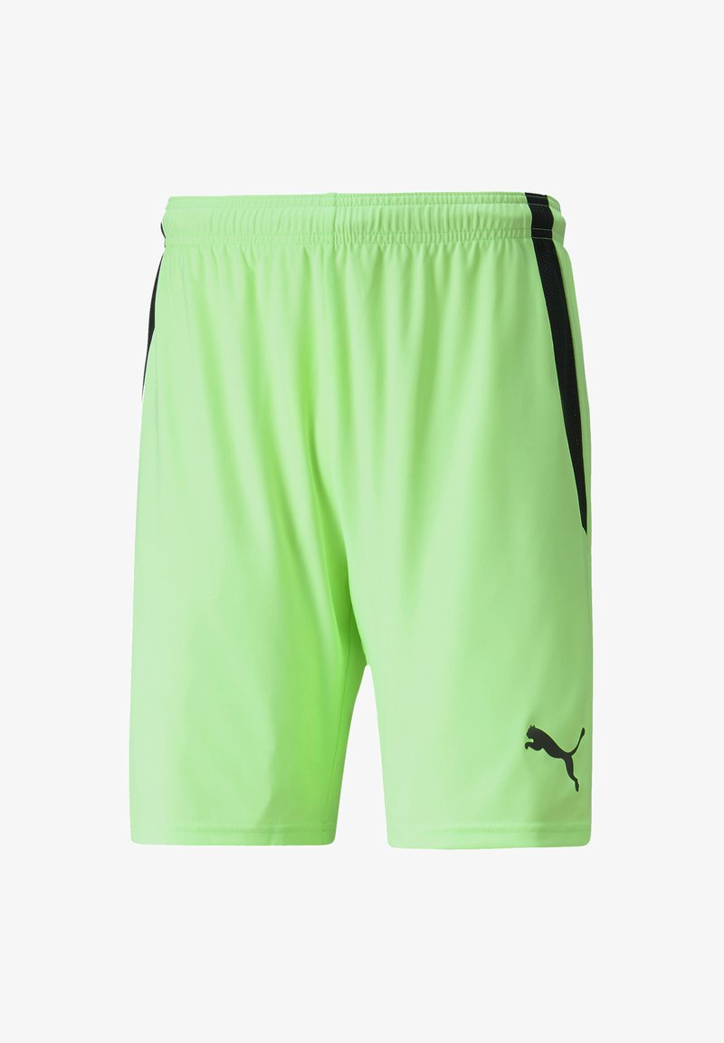 Heldergroene sportshorts van lichtgewicht materiaal, met een zwarte zijkantstreep en een zwart logo aan de onderkant van de linkerkant.