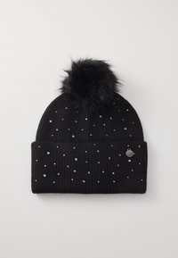 Bonnet noir à côtes avec des accents scintillants et un pompon en fausse fourrure noir sur le dessus. Doté d'une petite étiquette en métal sur le devant.