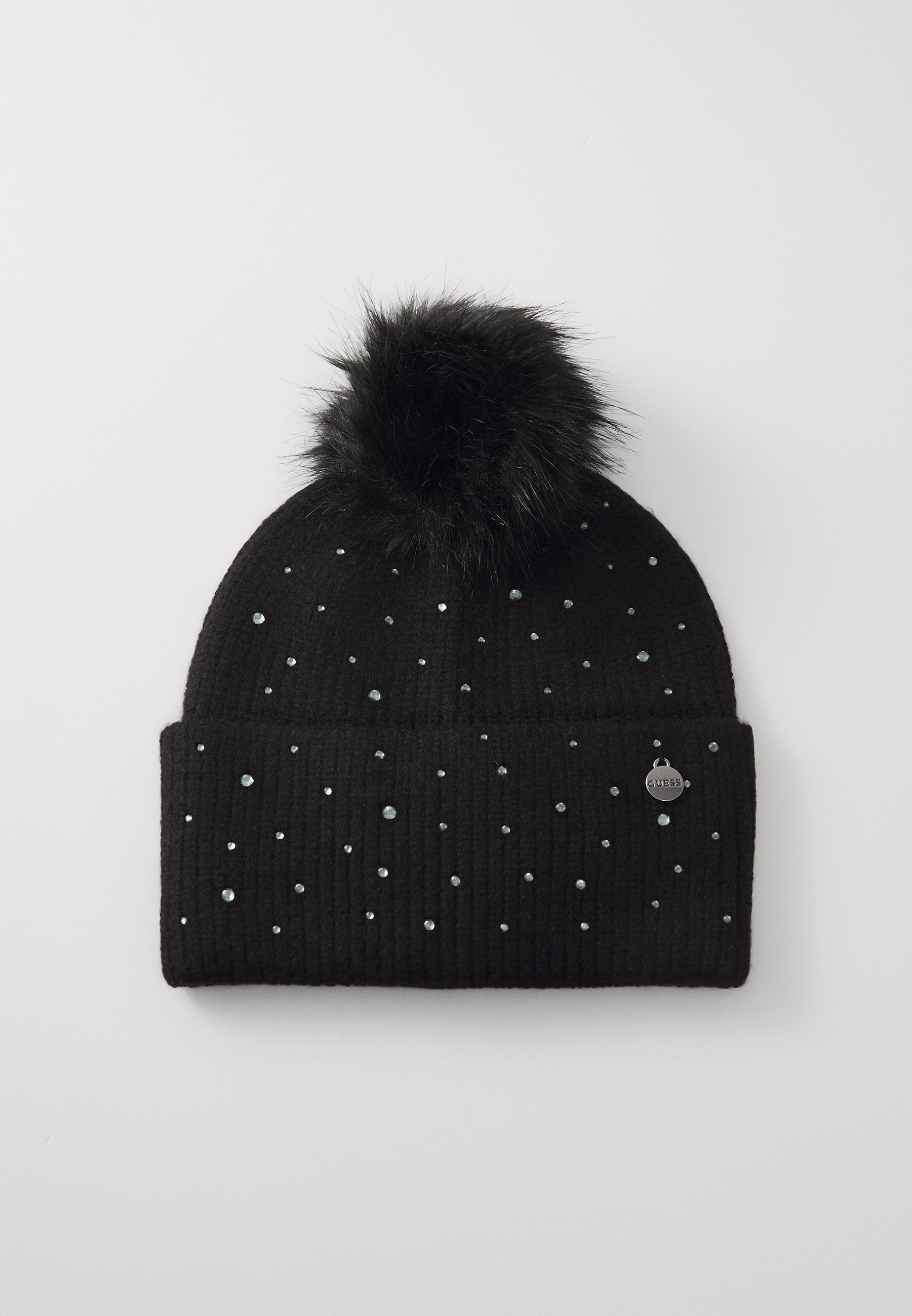 GUESS Berretto Invernale Nero Con Pietre Decorative, Taglia Unica, Misto Lana, Circonferenza 35 Cm, Altezza 19 Cm