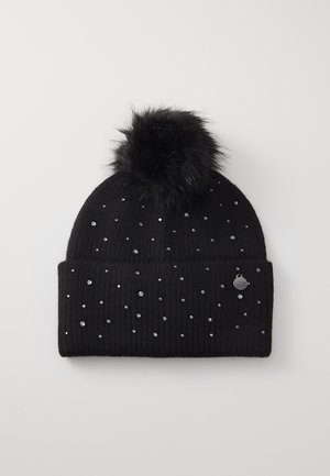 Bonnet noir à côtes avec des accents scintillants et un pompon en fausse fourrure noir sur le dessus. Doté d'une petite étiquette en métal sur le devant.