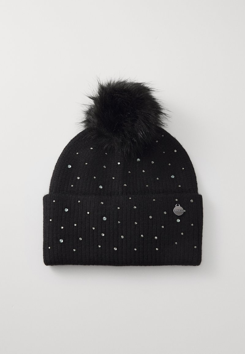 Zwarte geribbelde beanie met sprankelende accenten en een zwarte faux fur pompon bovenop. Voorzien van een klein metalen logo-label aan de voorkant.