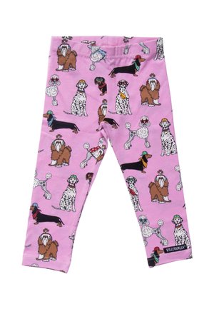 Lyserøde børneleggings med farverige tegneseriehunde iført hatte og tilbehør trykt overalt.