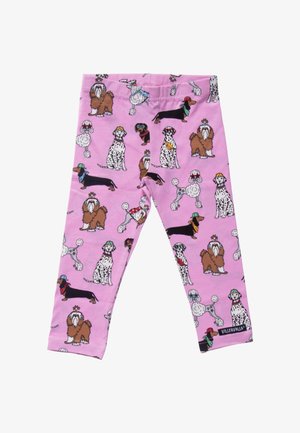 Leggings rosas para niños con estampado de perros caricaturescos coloridos que llevan sombreros y accesorios por todo el diseño.