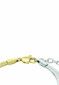 Collana in oro e argento caratterizzata da una catena sottile e testurizzata con chiusura a gancio. Il design include sezioni interconnesse e rifiniture lisce.