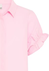 Blouse rose clair à manches courtes avec col et détail élastique froncé à l'ourlet des manches.