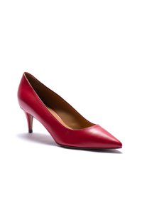 Pumps rosse in pelle con tacco alto, punta affusolata, design elegante, tacco a stiletto di 5 cm, texture liscia e accenti minimalisti.