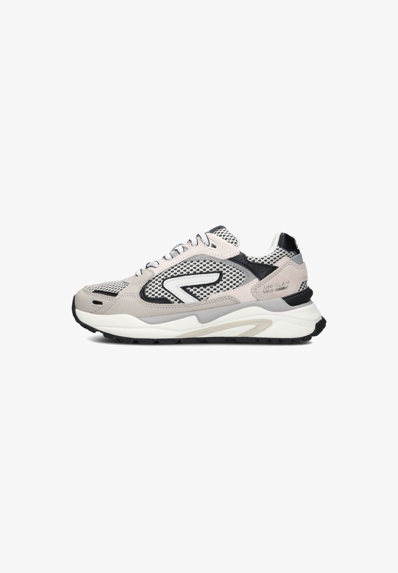 Sneaker with a mesh upper in light gray and black accents, featuring a cushioned sole, contrasting stitching, and a modern athletic design.