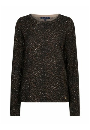 Bruin en zwart leopardprint trui met lange mouwen, ronde hals en klein merkembleem vlakbij de zoom.