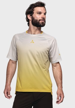 Herren Sport-T-Shirt mit kurzen Ärmeln in einem Farbverlauf von Gelb zu Weiß. Es verfügt über eine atmungsaktive Mesh-Textur, einen Rundhalsausschnitt und ein Logodetail.