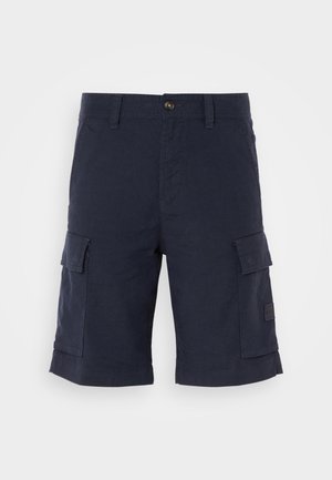 Navy blue cargo shorts made from cotton blend fabric. Features two side pockets and a front button closure. Flat hem design.