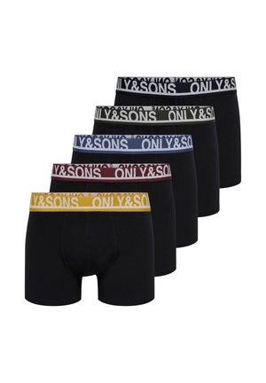 Päť párov čiernych pánskych boxeriek s pásmi v žltej, červenej, modrej, zelenej a čiernej farbe, každé s bielym textom "ONLY & SONS".