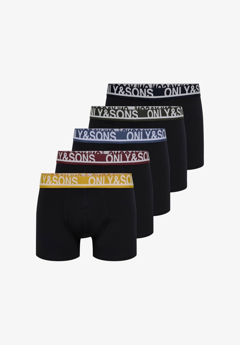Cinq paires de boxers noirs pour hommes avec des ceintures jaunes, rouges, bleues, vertes et noires, chacune imprimée avec "ONLY & SONS" en texte blanc.