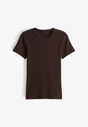 Donkerbruin, kort mouw rib T-shirt van katoen met een ronde hals, maat medium, afgebeeld tegen een witte achtergrond.