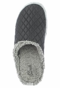 Zwarte gewatteerde slipper met grijze nepbontvoering, open achterkant en een gestructureerde inlegzool. Kenmerkt zich door een glad en zacht exterieur.