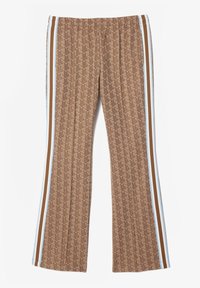 Brown patterned pants with an elastic waistband. Features vertical stripes in blue and brown on the sides. Material appears textured.