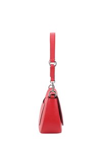 Red leather handbag with a textured finish, featuring a short handle, silver metal hardware, and a sleek, triangular shape.