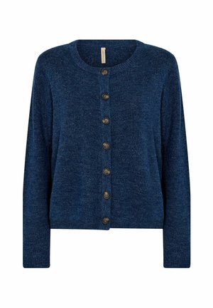 Marineblå cardigan med rund hals, lange ærmer og otte forreste knapper. Blød tekstur med et subtilt strikket mønster overalt.