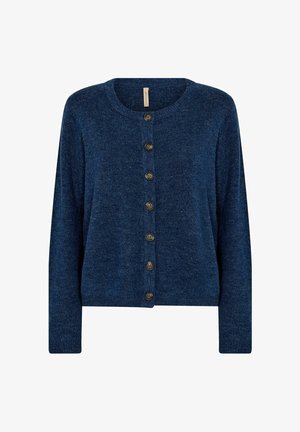 Navy blue cardigan with a round neck, long sleeves, and eight front buttons. Soft texture with a subtle knit pattern throughout.