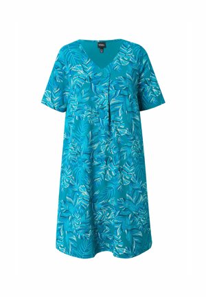 Turkise kortærmet kjole med V-udskæring, der har et bladmønster i hvid og grøn. Inkluderer en knapdetalje og en afslappet pasform.