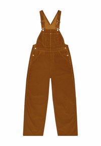 Brown corduroy overalls with adjustable straps, two front pockets, and metal fastenings; wide leg design, soft texture, and sturdy construction.