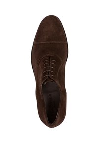 Smeđe antilop cipele s elegantnim dizajnom, zaobljenim vrhom, detaljnim šavovima i pet rupica za vezivanje. Mekana tekstura i minimalistički stil.