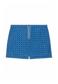 Shorts da bagno blu con motivo circolare in giallo e arancione, dotati di vita con cordoncino e una texture di tessuto liscia.